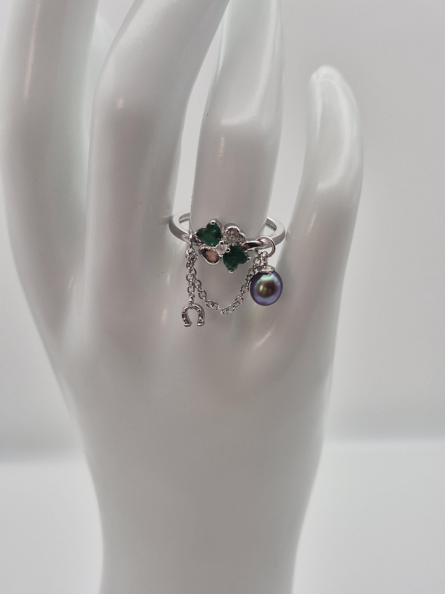 Lucky Clover Pearl Drop Adjustabe Ring