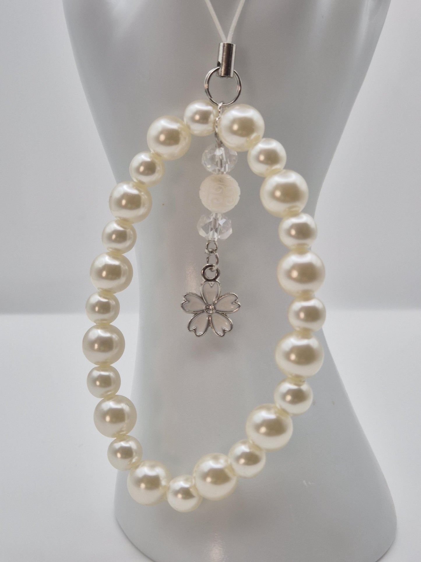 Classic Pearl Bead Phone Charm with Genuine Carved Pearl