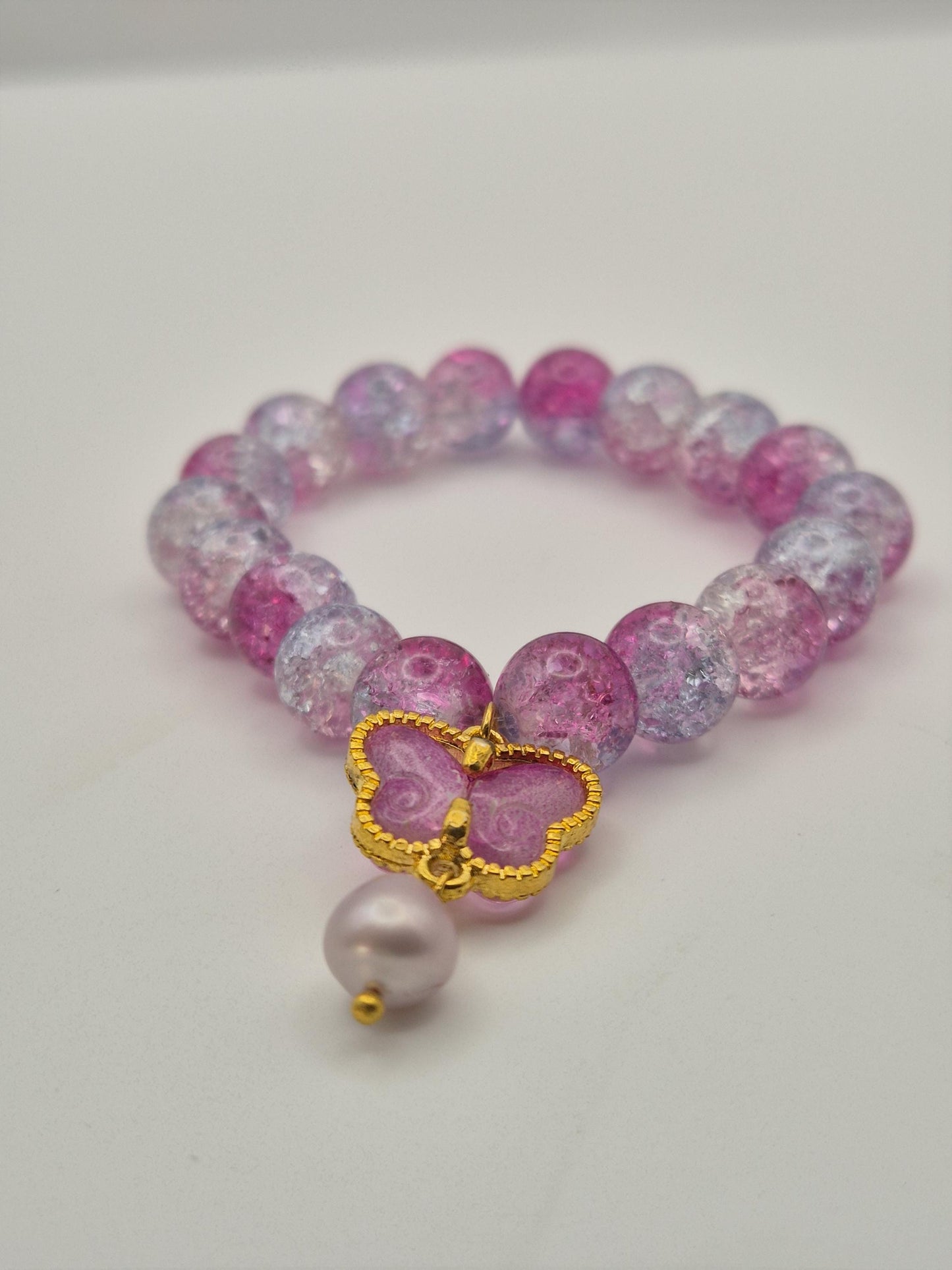 Pretty Pink Butterfly Bead & Pearl Kids Bracelet