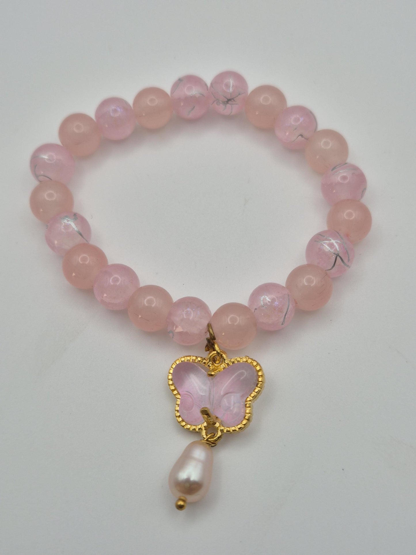 Fluttering Butterfly Pink Pearl & Bead Kids Bracelet