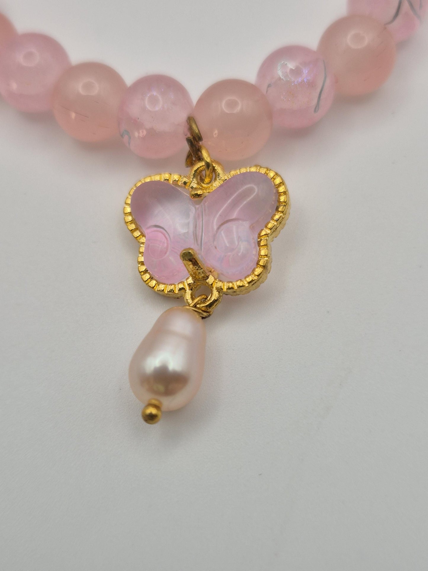 Fluttering Butterfly Pink Pearl & Bead Kids Bracelet