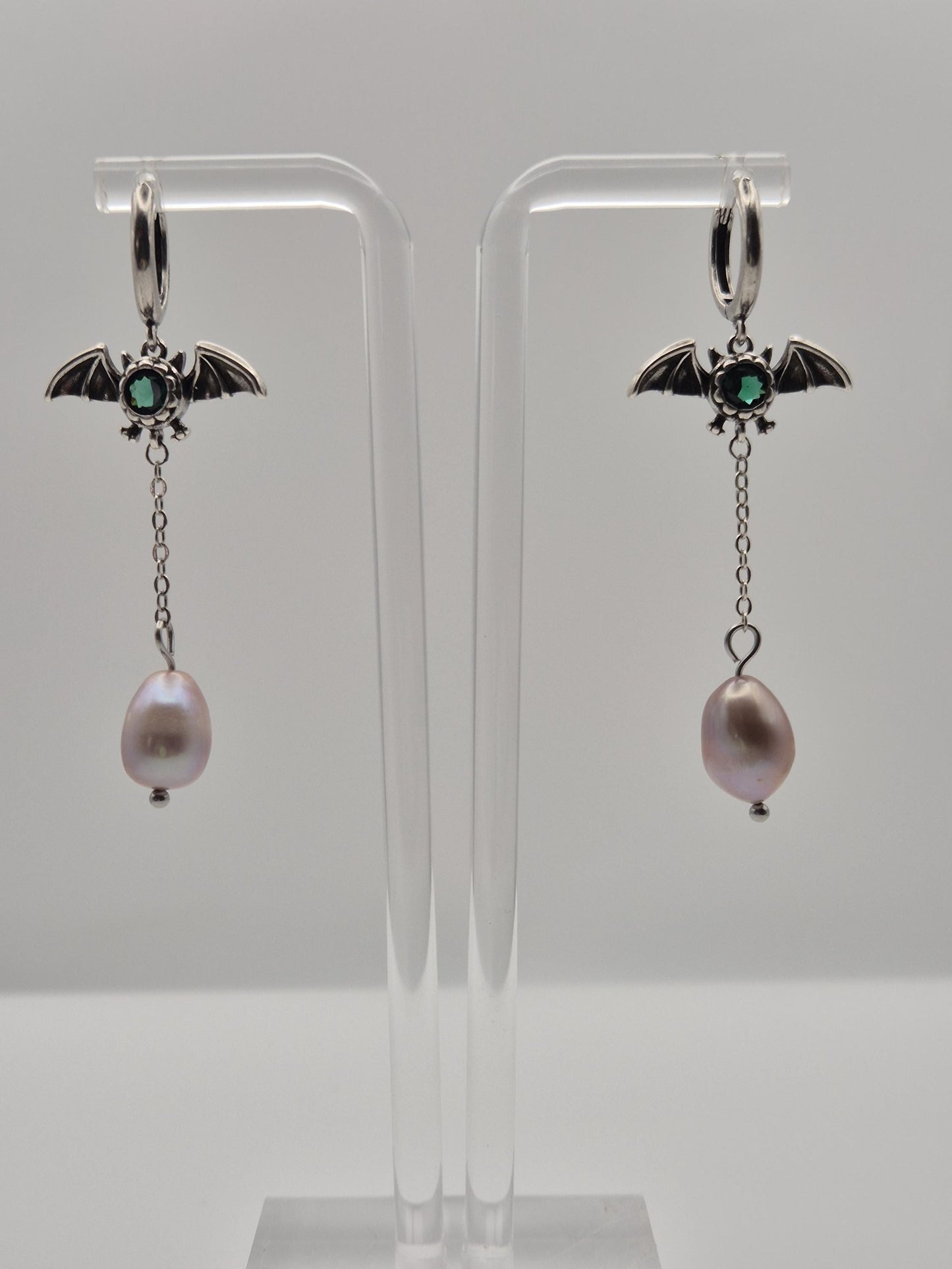Beguiling Bat Pearl Drop Hoop Earrings