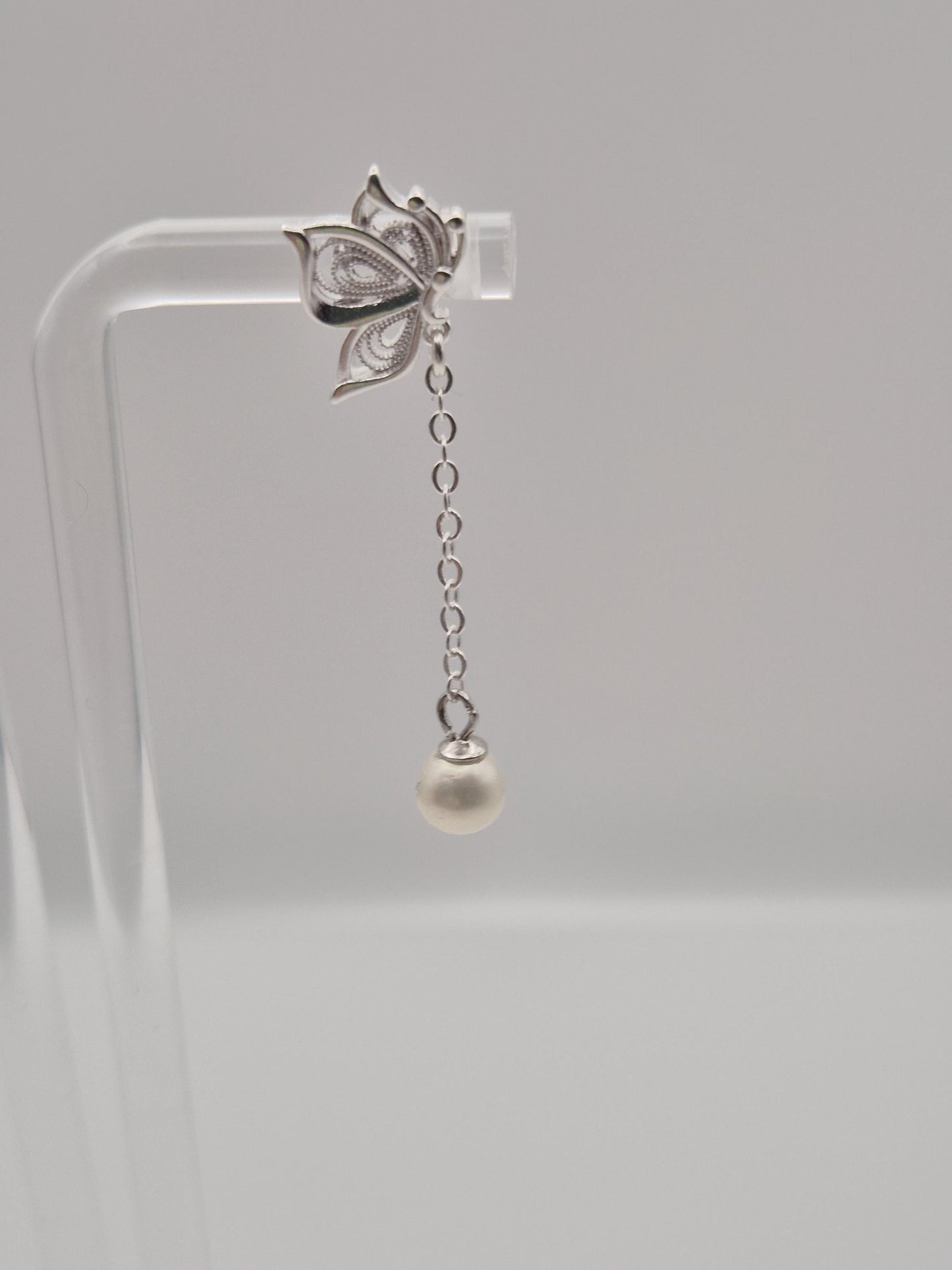 Silver Butterfly Saltwater Pearl Drop Stud Earrings