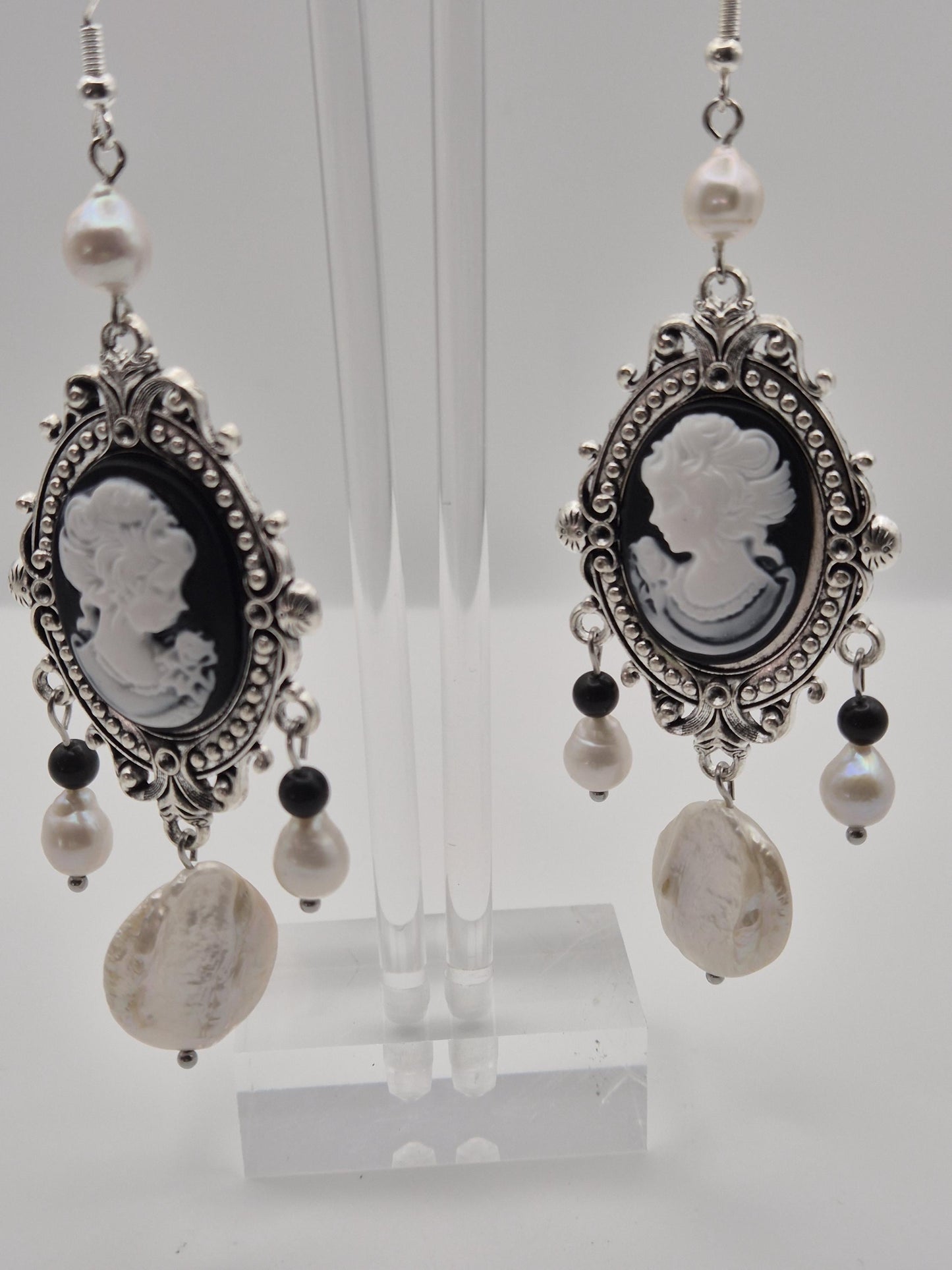 Vintage Cameo Pearl & Onyx Earrings with Large Button Pearl