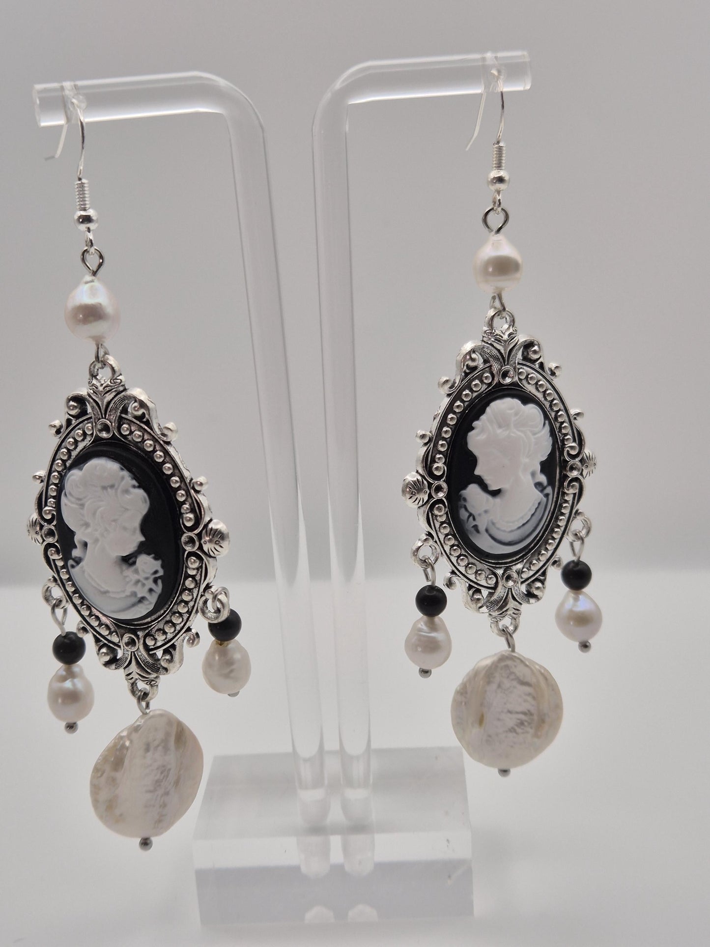 Vintage Cameo Pearl & Onyx Earrings with Large Button Pearl
