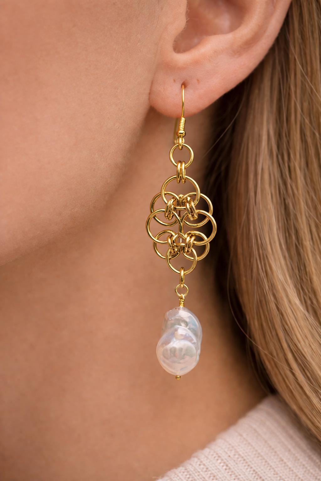 Baroque Pearl Golden Chainmaille Earrings