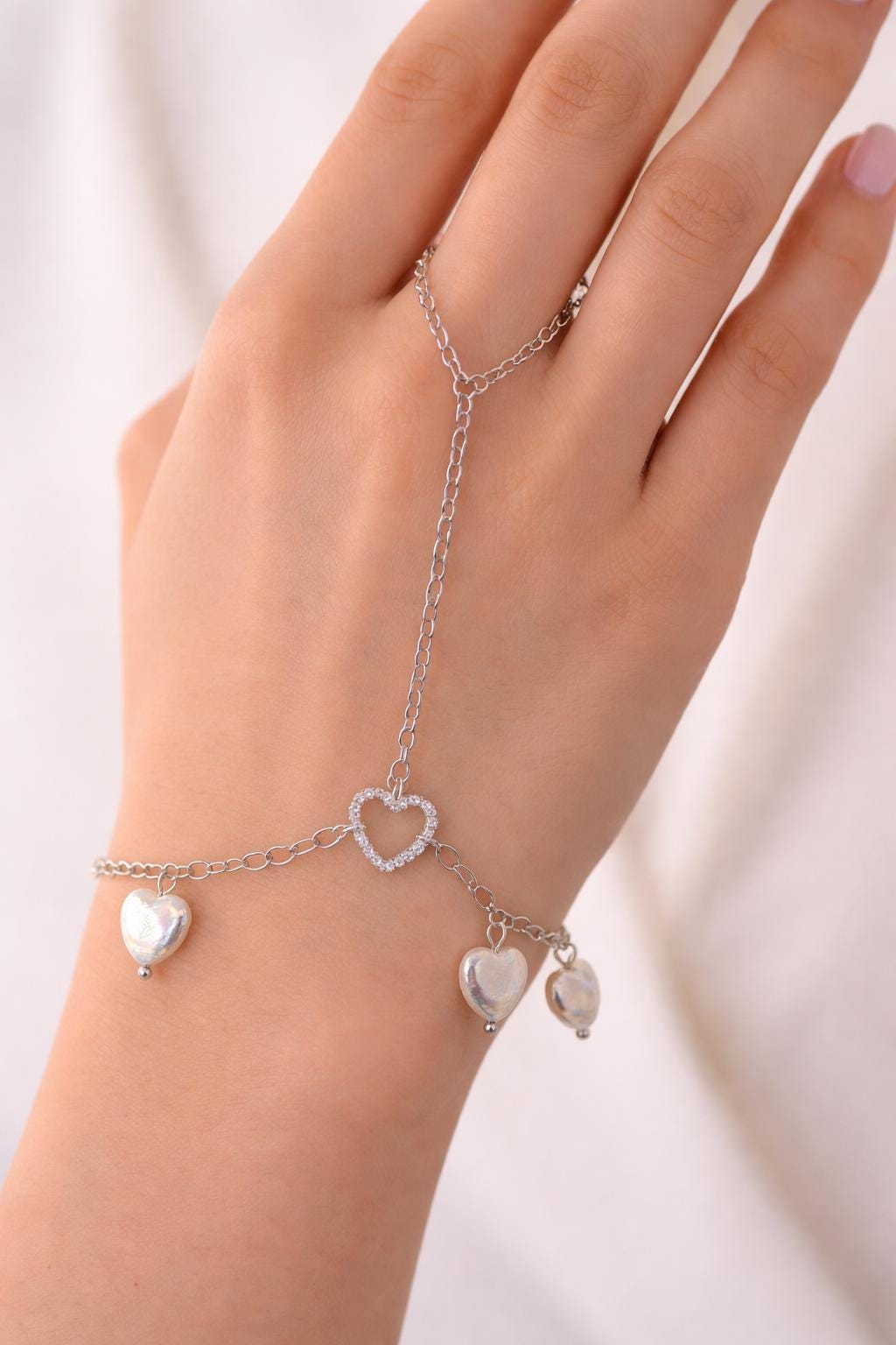 Forever Heart Pearl Hand & Ring Chain Bracelet