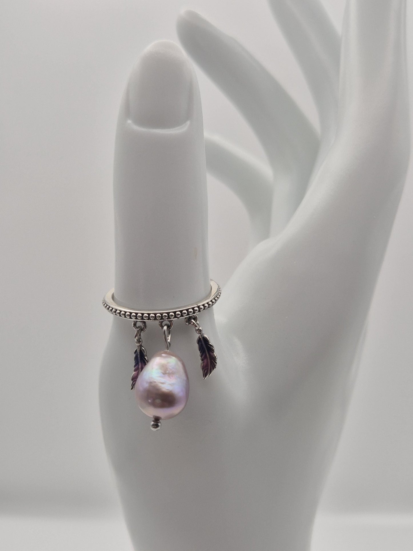 Tribal Feather Pearl Drop Ring