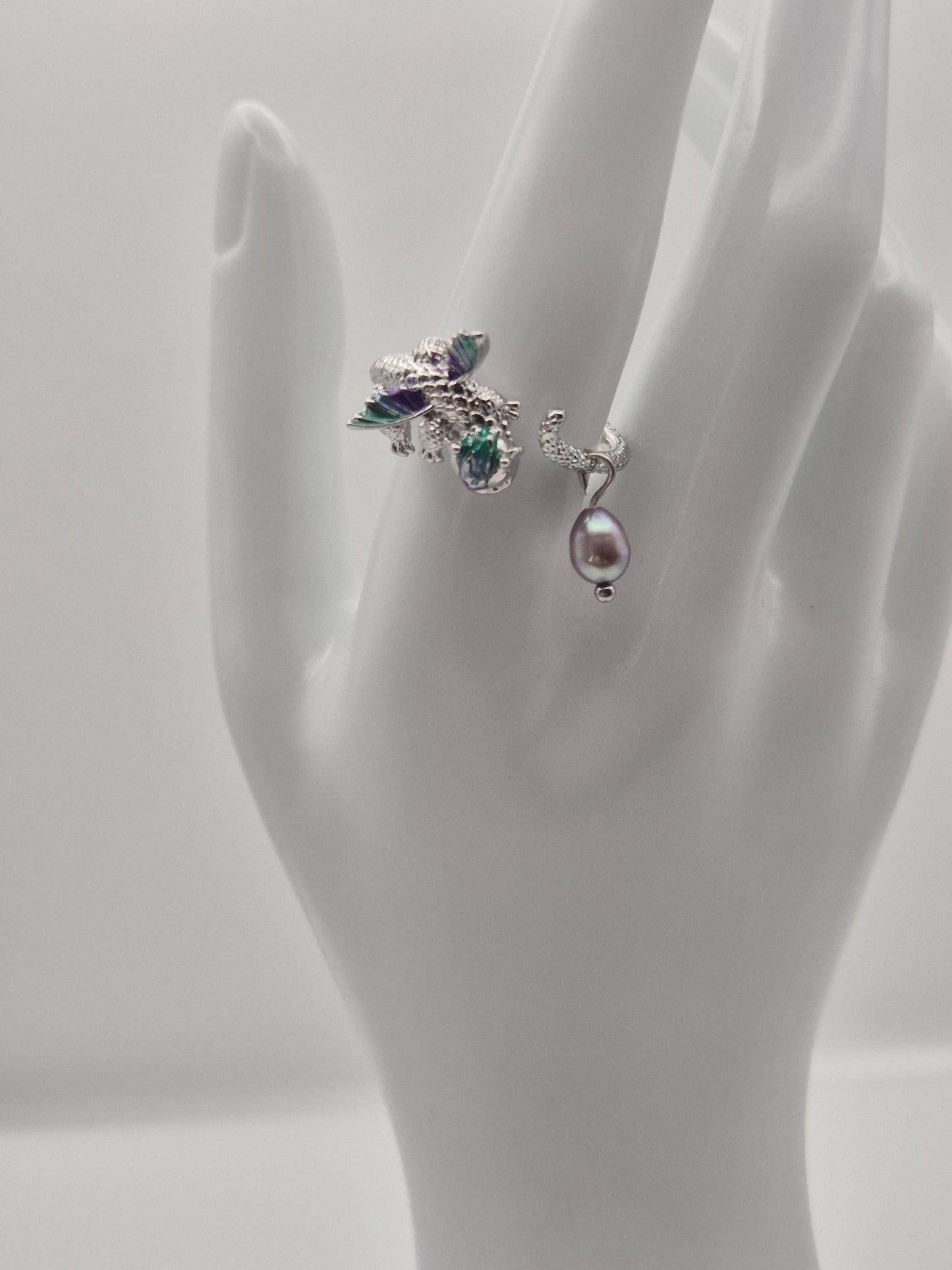 Sterling Silver Dragon Ring with Natural Pearl  Adjustable, Green Purple Markings