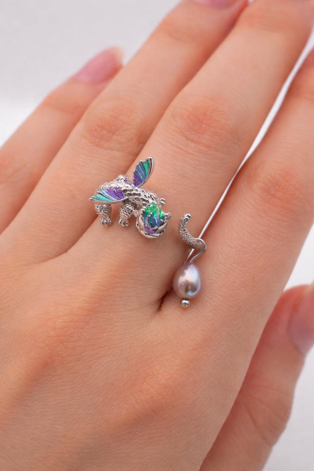 Sterling Silver Dragon Ring with Natural Pearl  Adjustable, Green Purple Markings