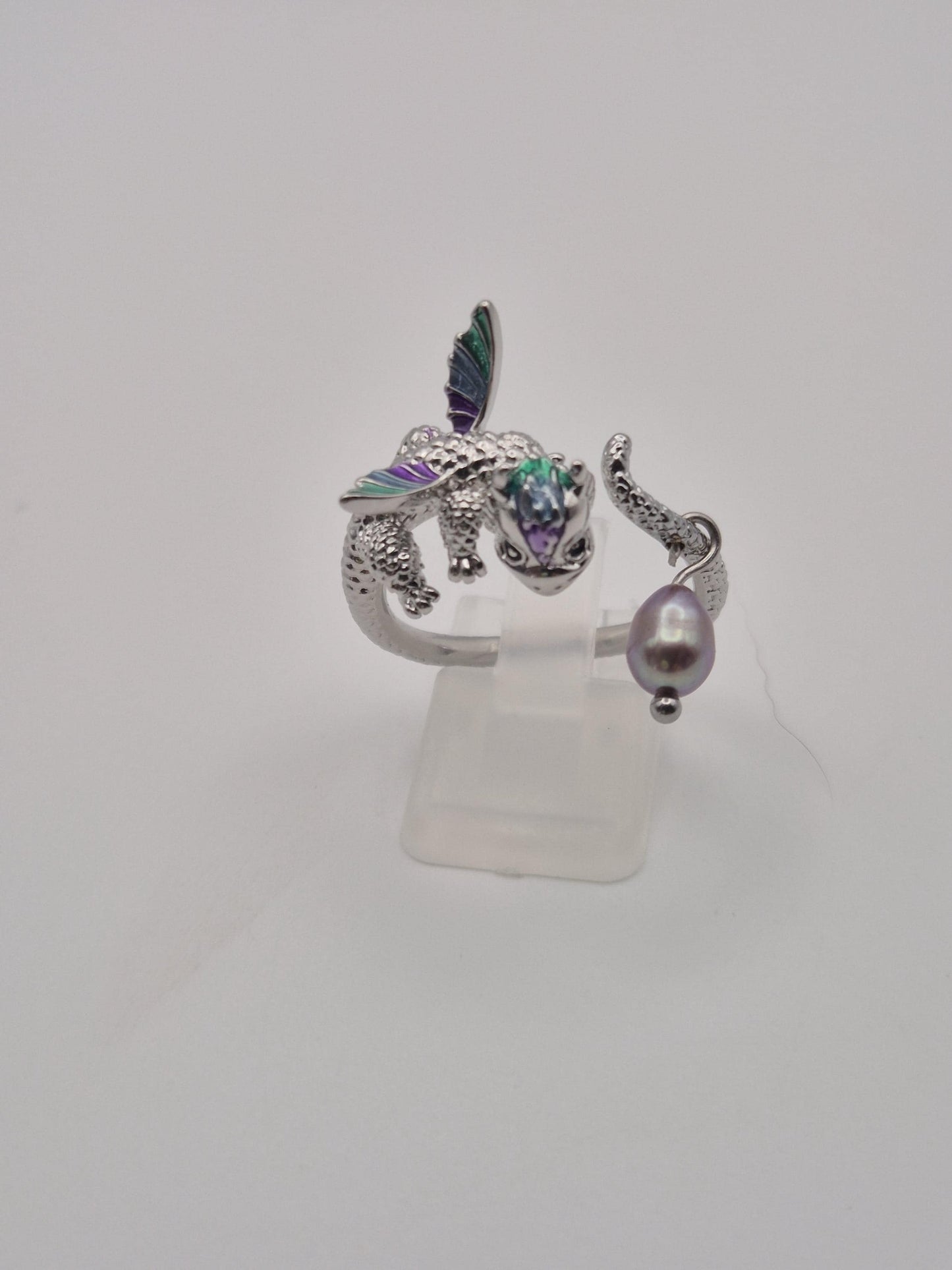 Sterling Silver Dragon Ring with Natural Pearl  Adjustable, Green Purple Markings