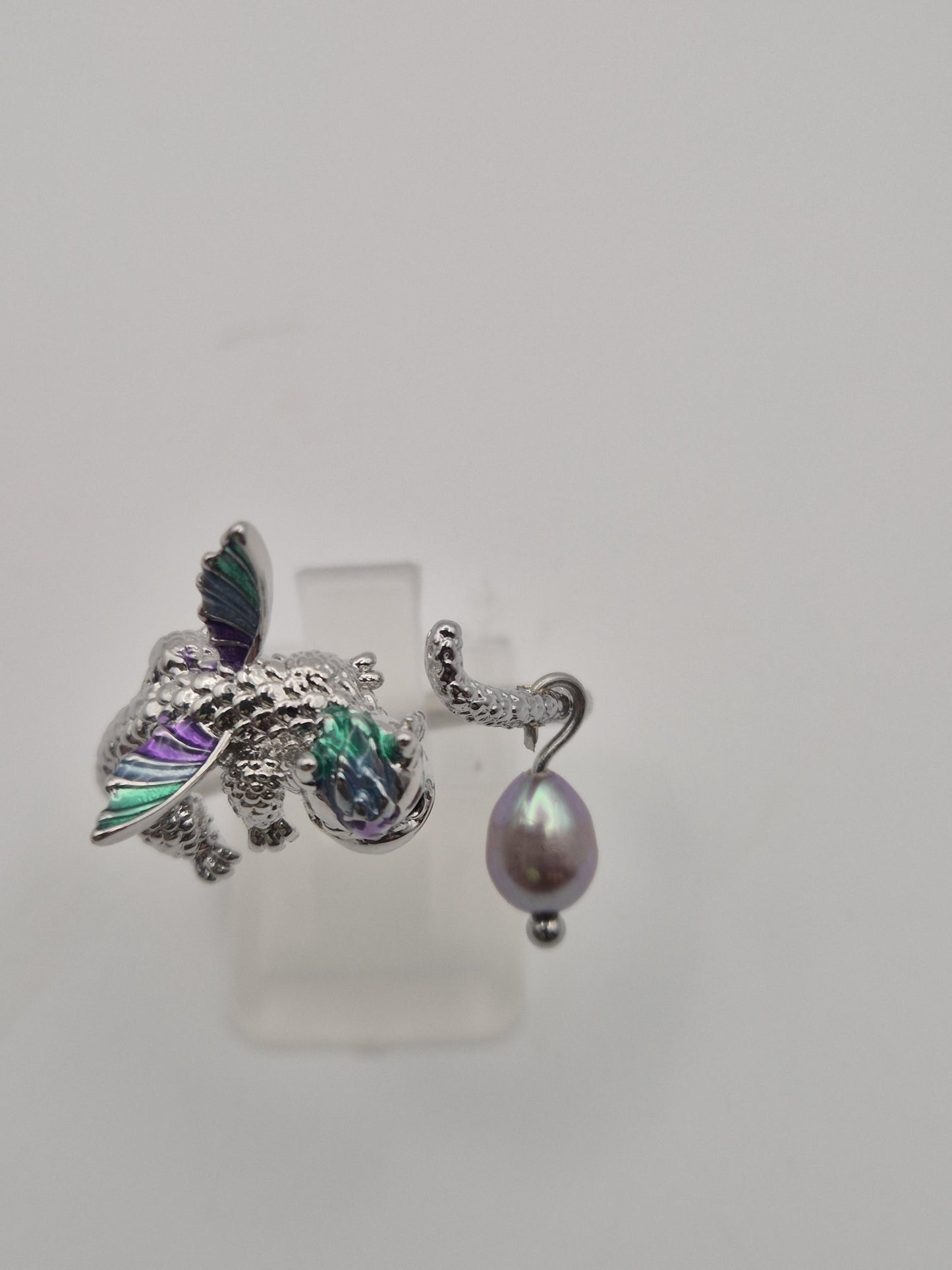 Sterling Silver Dragon Ring with Natural Pearl  Adjustable, Green Purple Markings