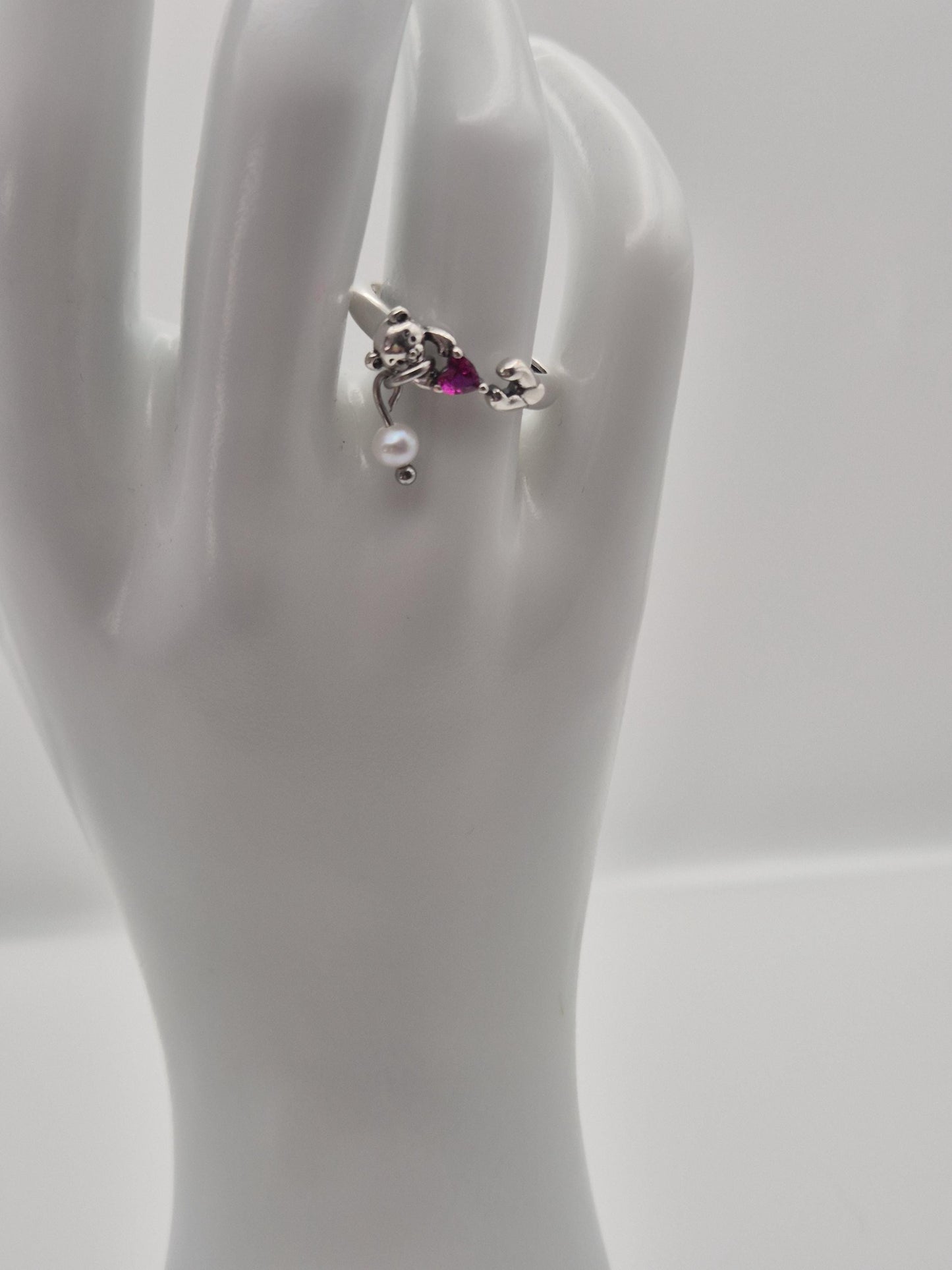 Hugging Bear Heart Mini Pearl Ring