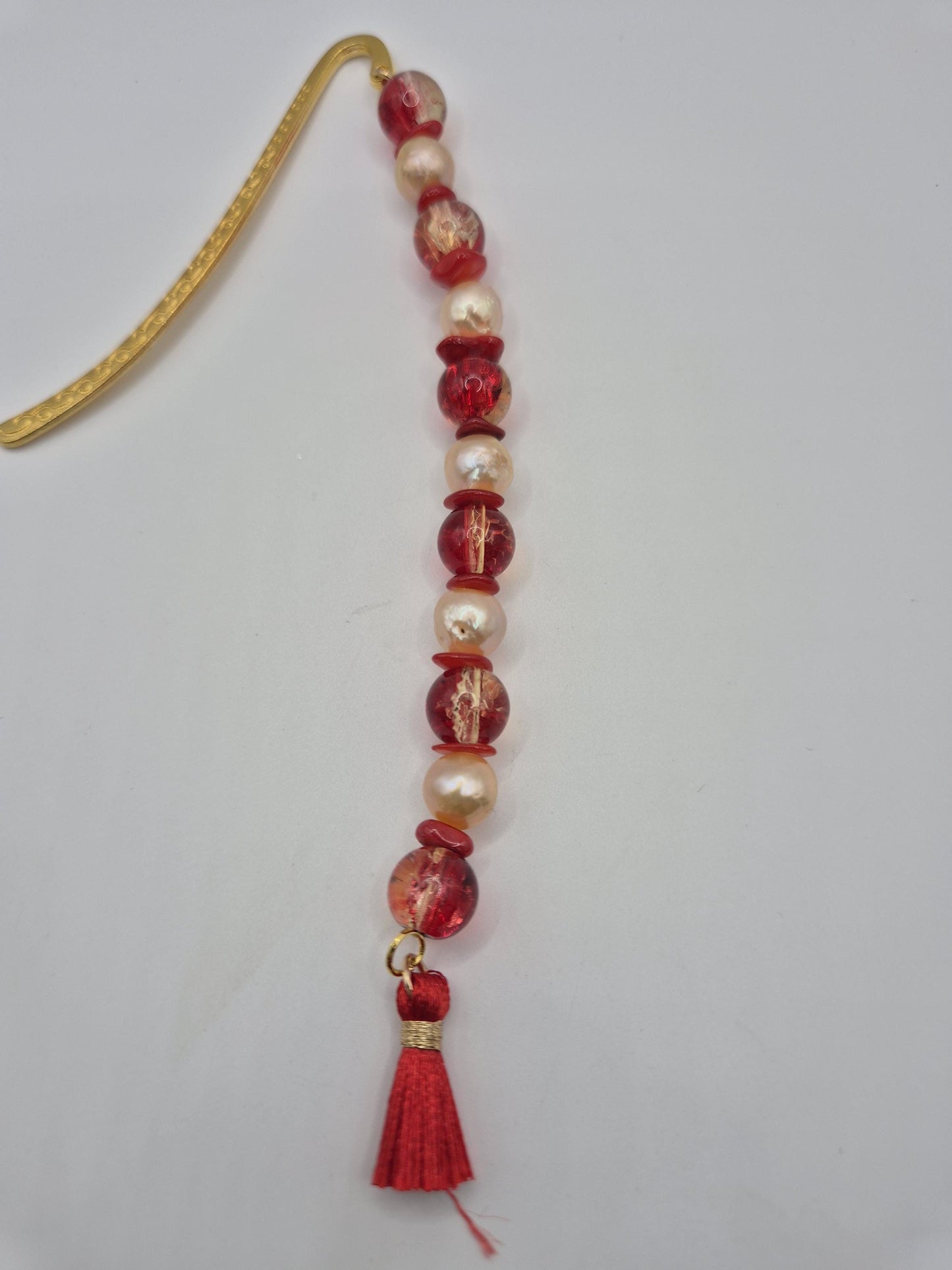 Oriental Style Pearl and Red Jasper Golden Bookmark