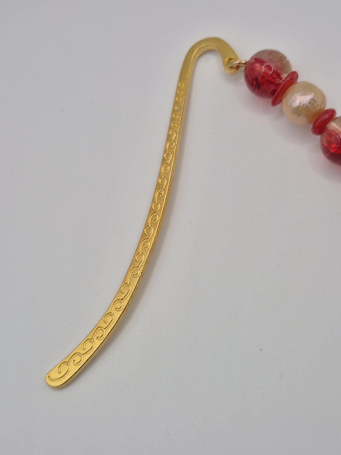 Oriental Style Pearl and Red Jasper Golden Bookmark