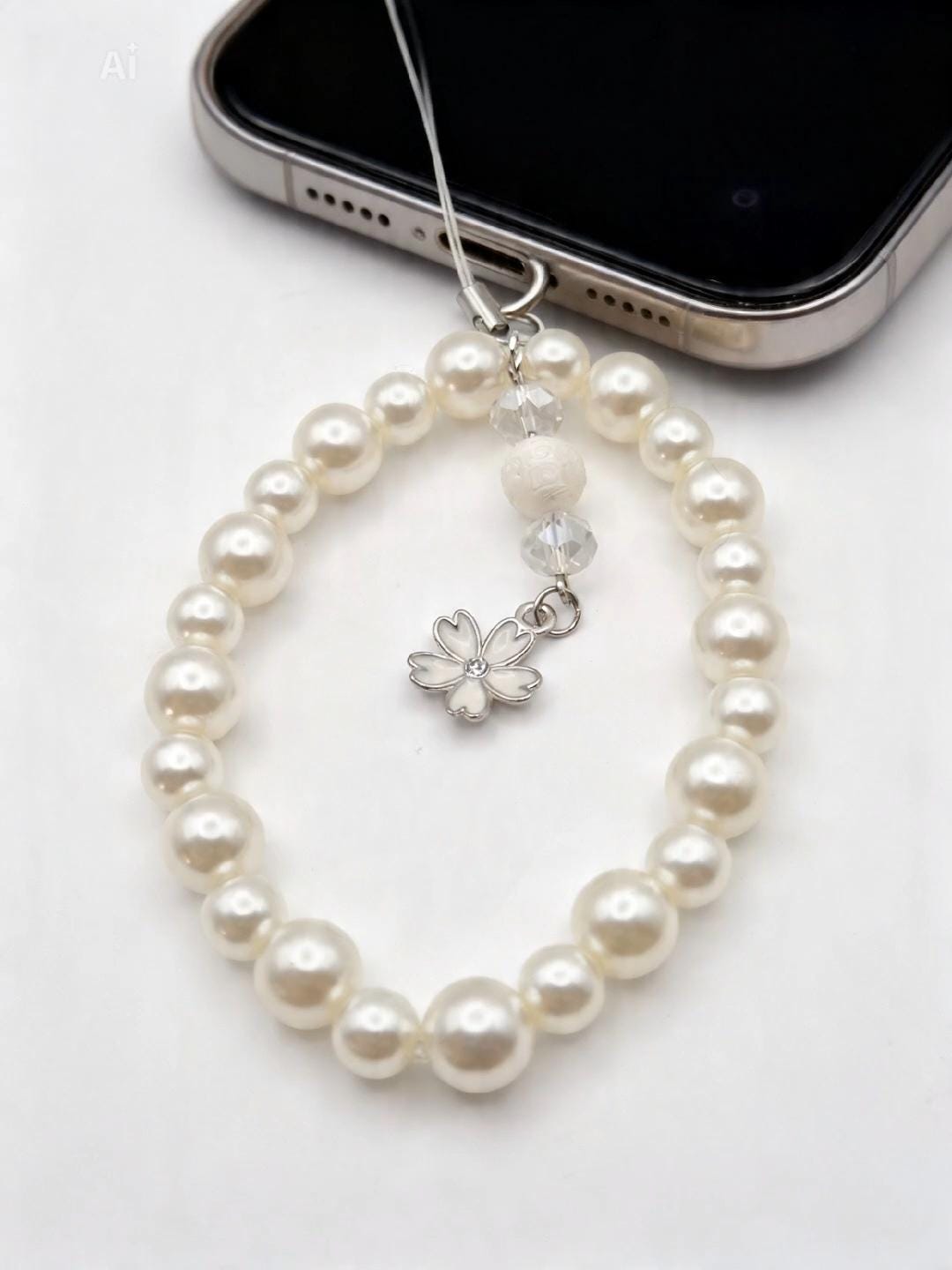 Classic Pearl Bead Phone Charm with Genuine Carved Pearl