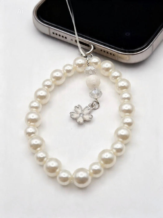 Classic Pearl Bead Phone Charm with Genuine Carved Pearl