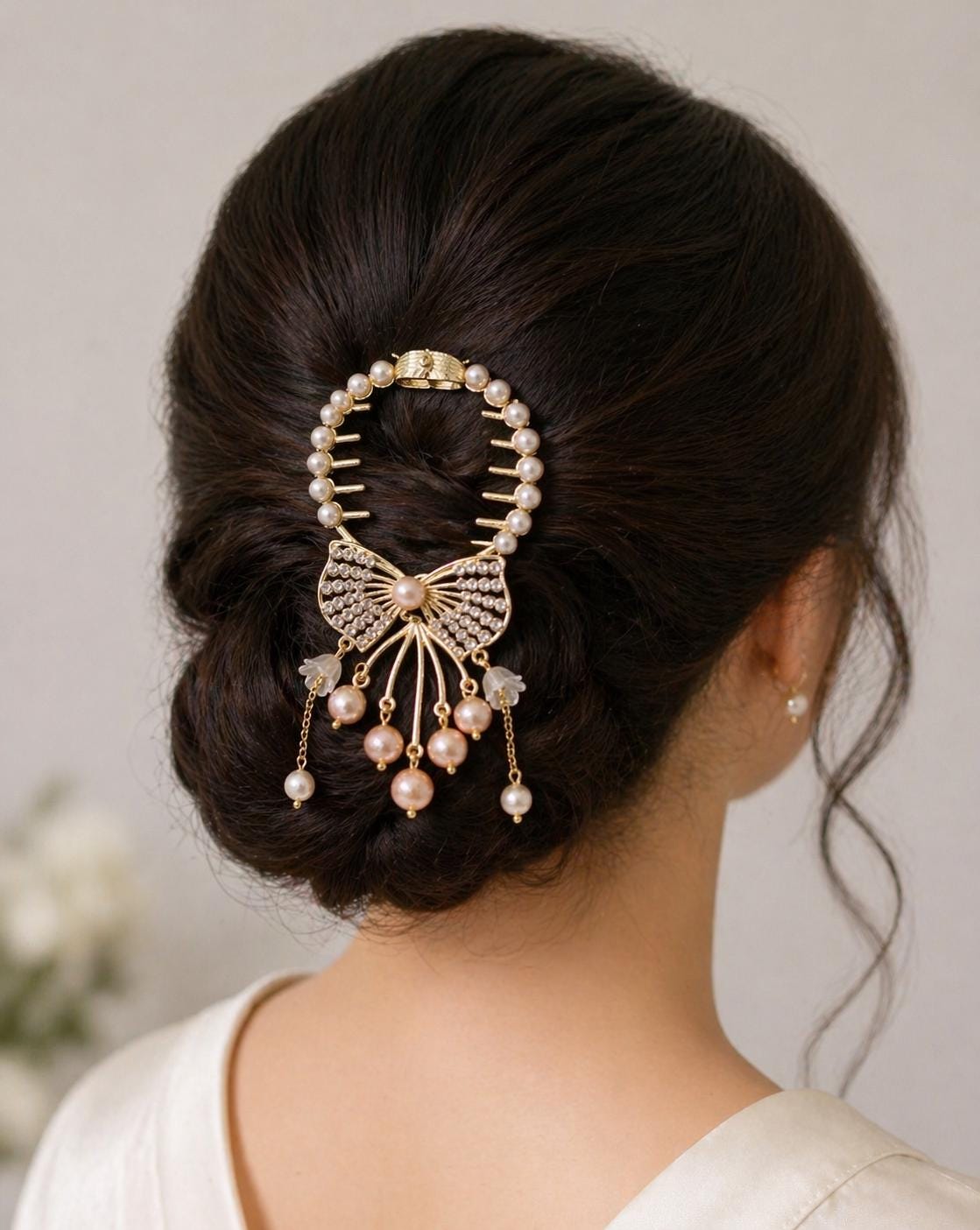 Gilded Bow Pearl Cascade Hair Comb