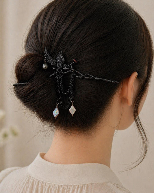Enchanted Raven Hair Pin with Black Tahitian Pearl
