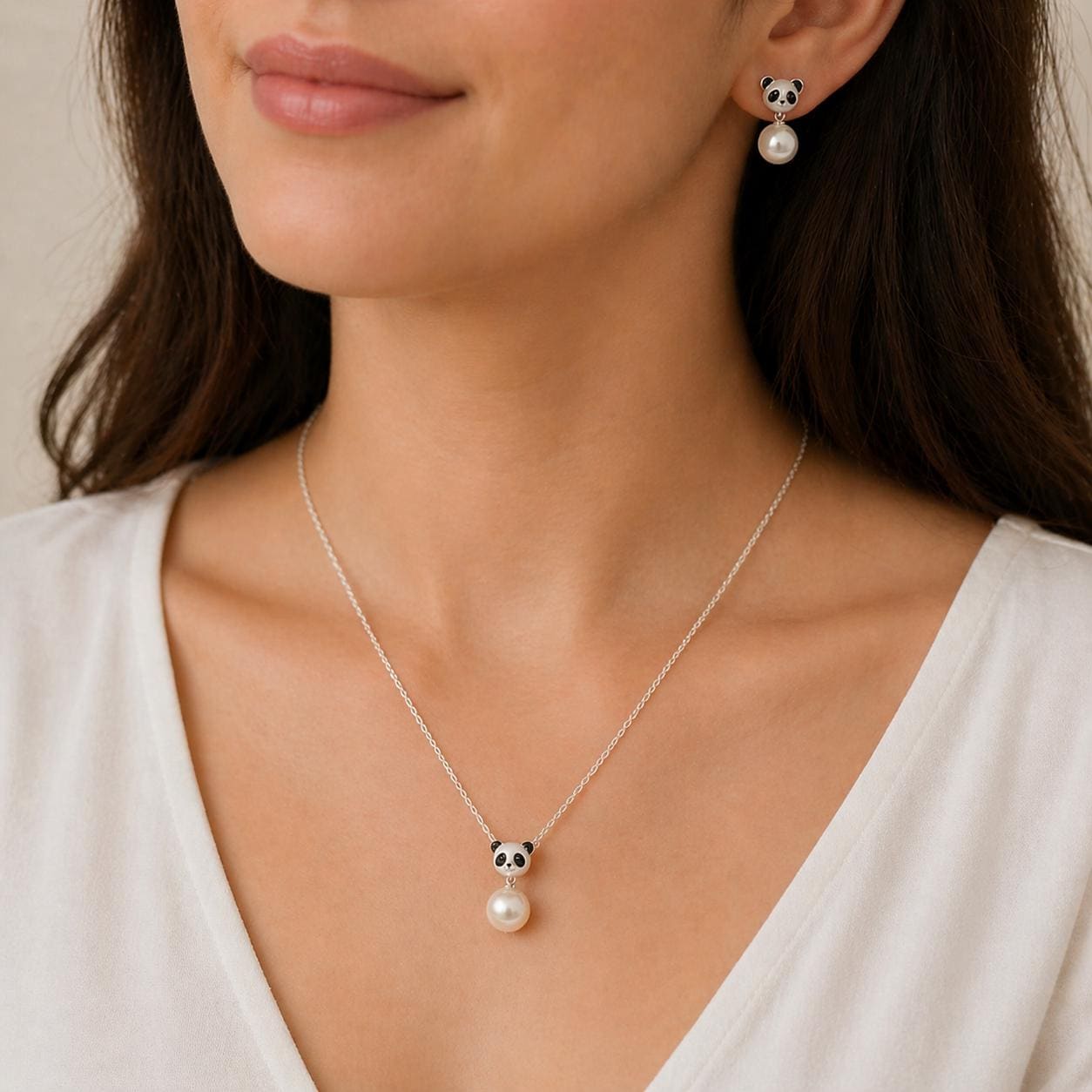 Classic Edison Pearl Panda Earrings and Pendant Set