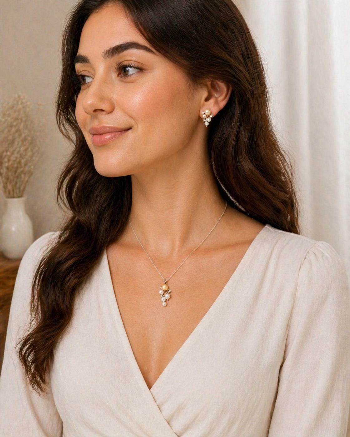 Saltwater Pearl Golden and White Pendant And Earrings