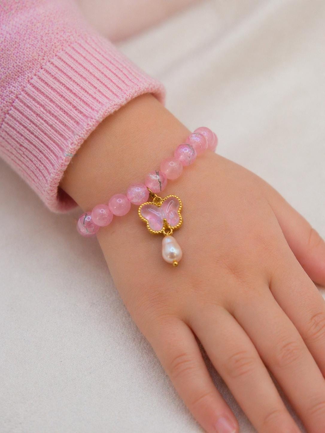 Fluttering Butterfly Pink Pearl & Bead Kids Bracelet