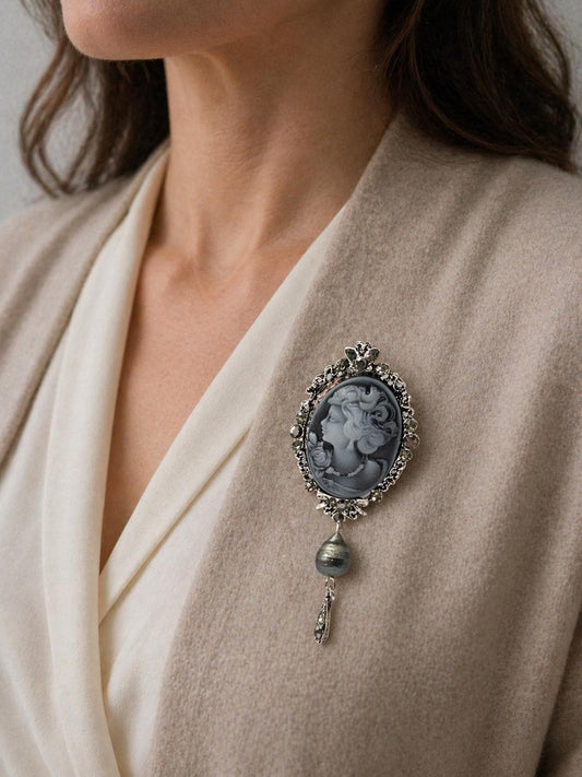 Vintage Pearl Cameo Brooch with Black Tahitian Pearl
