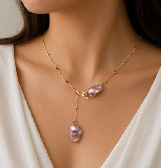 Golden Double King Pearl Flower Drop Necklace