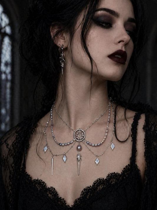 Gothic Multiple Pearl Raven Spike Multi Strand Necklace