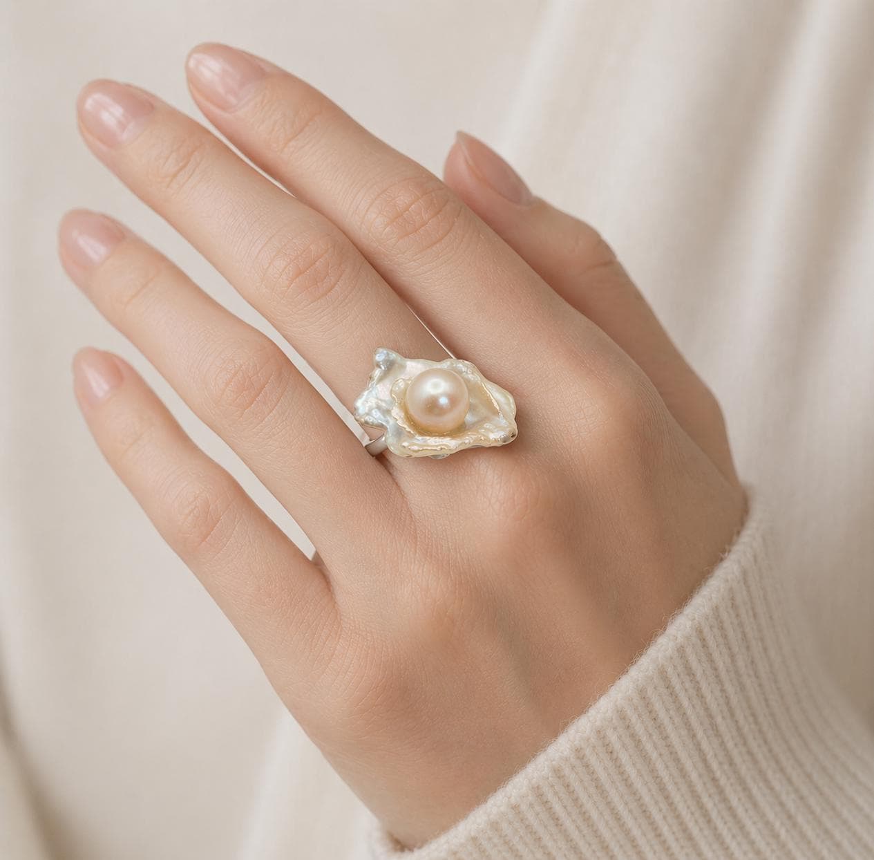 Petal Pearl Shell Design Adjustable Ring - Sterling Silver