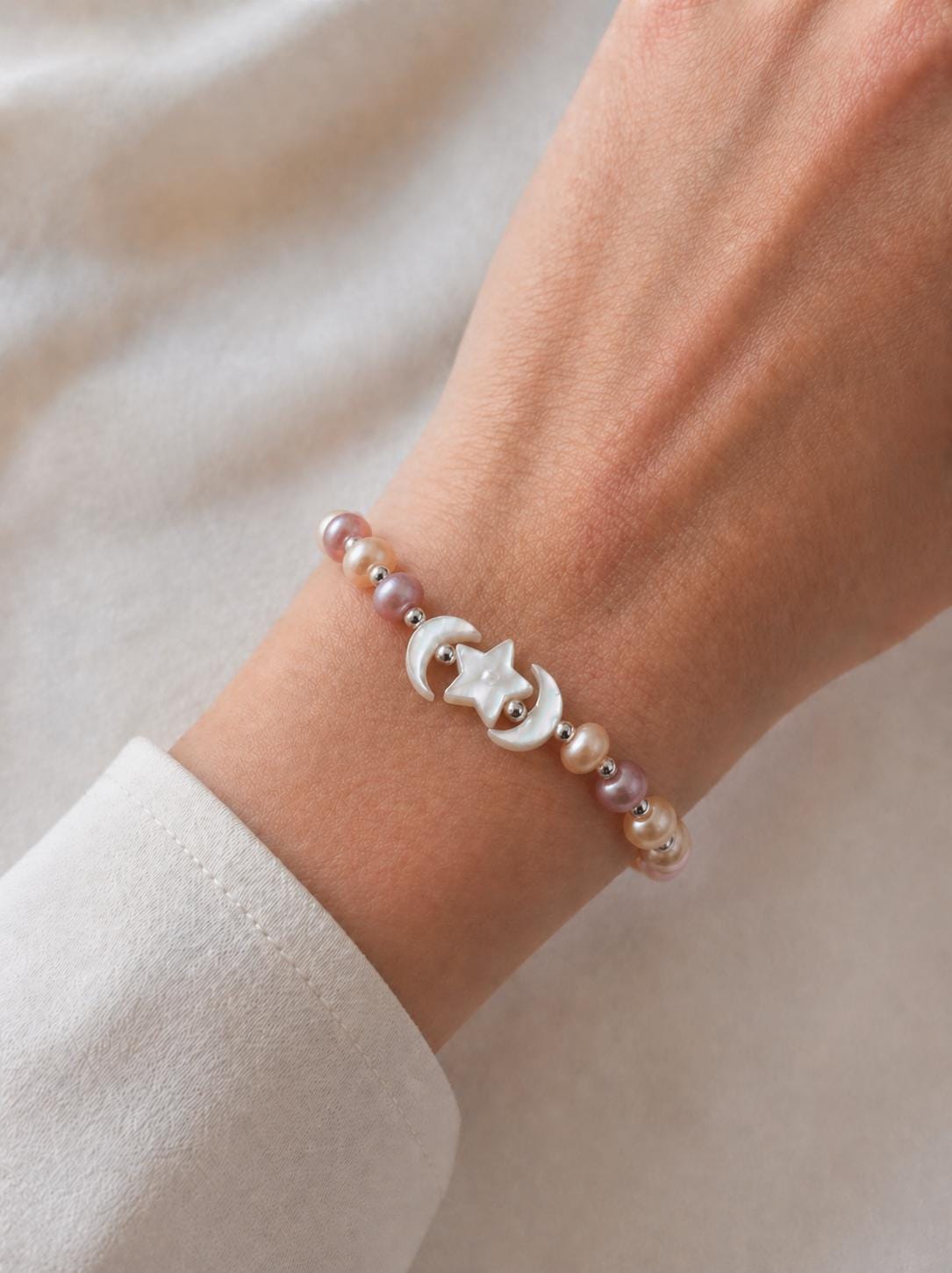 Pearl Bracelet with Mother of Pearl Moon & Star