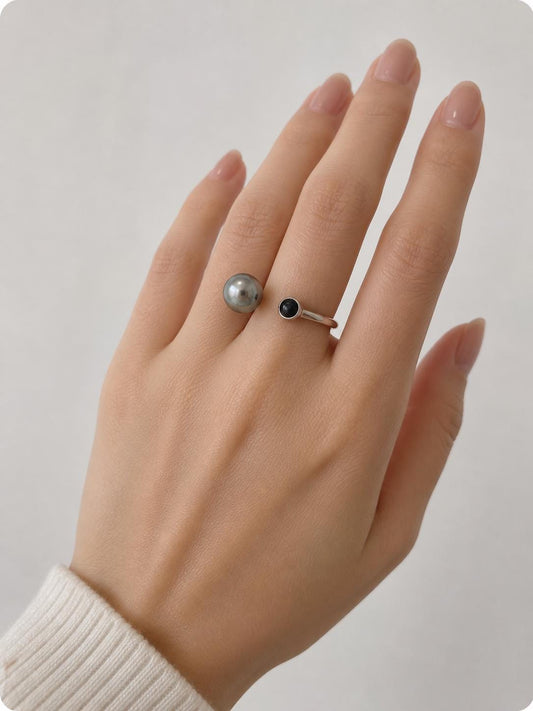 Large Black Tahitian & Green Gem Ring