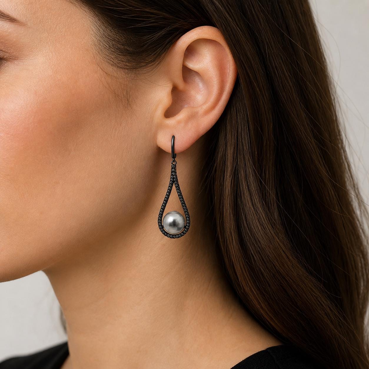 Flawless Black Tahitian Teardrop Dangle Sterling Silver Stud Earrings