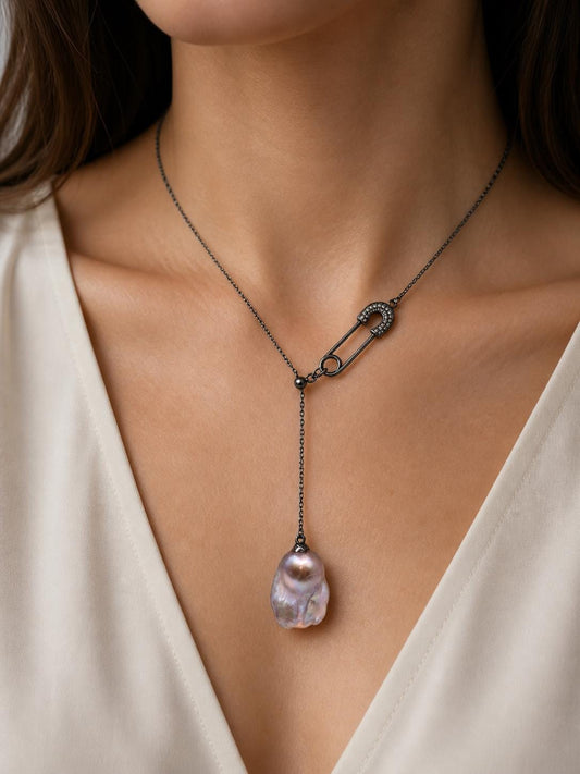 Black Safety Pin King Pearl Drop Necklace