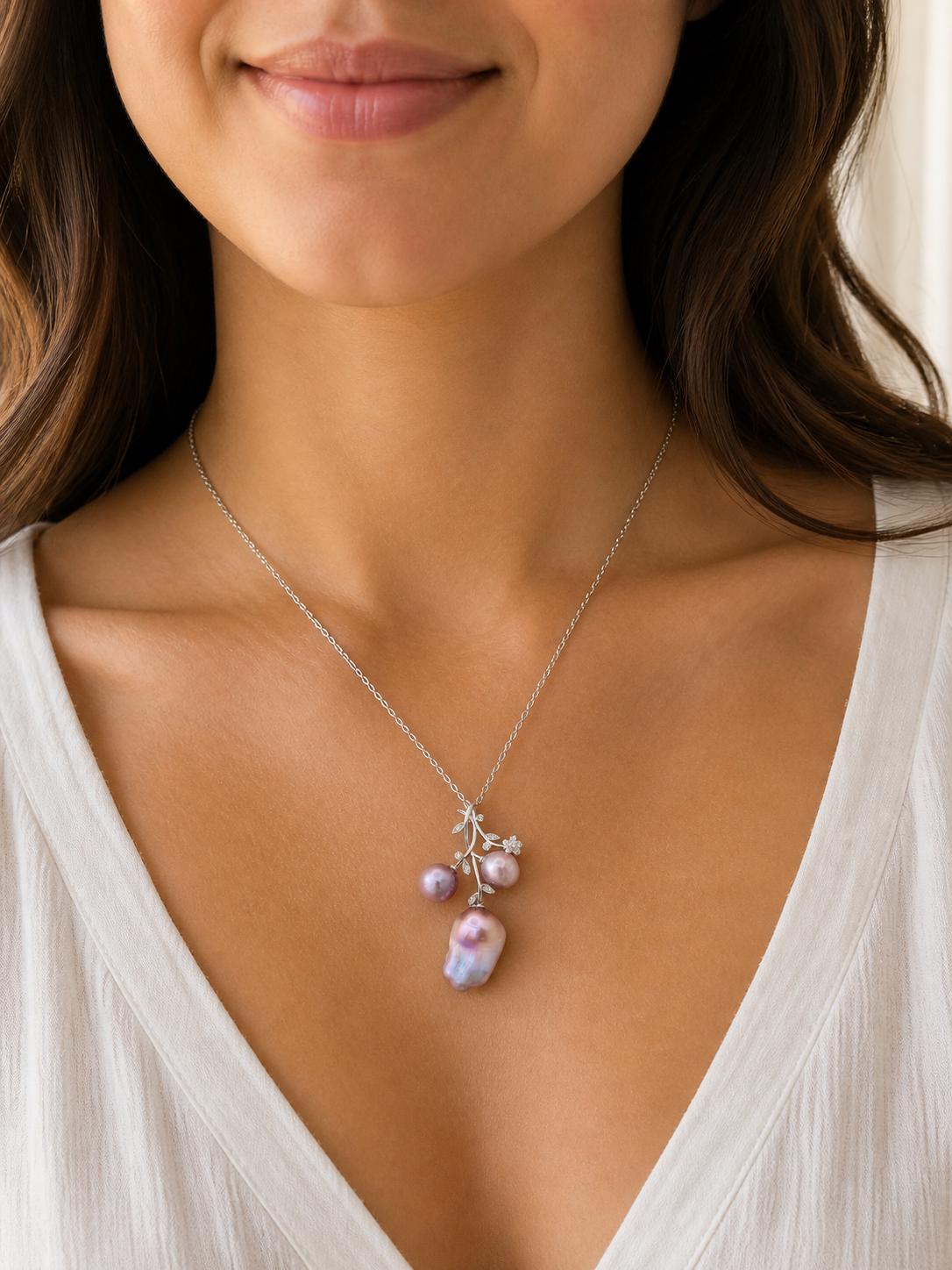 Multiple Pearl Flower Stem Pendant - Sterling Silver