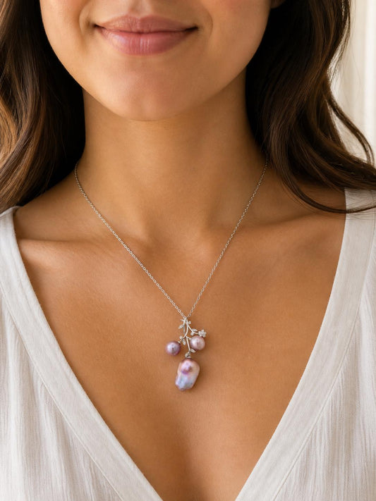 Multiple Pearl Flower Stem Pendant - Sterling Silver