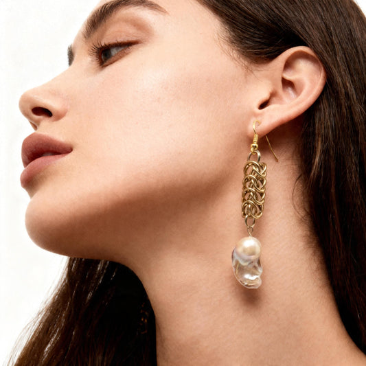 King Pearl Golden Chainmaille Earrings