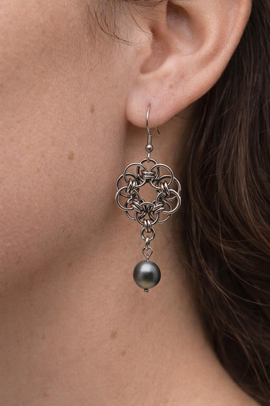 Chainmaille Knot Earrings With Rare Silver Metallic Black Tahitian Pearls