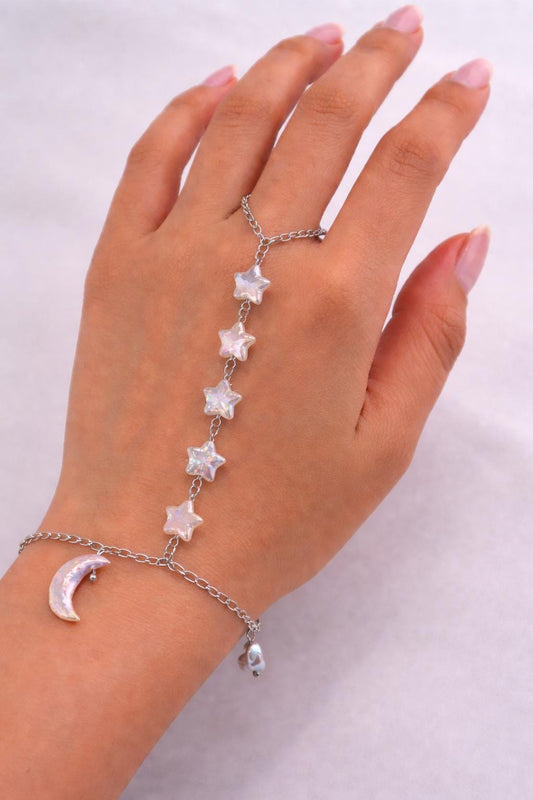 Moon and Star Pearl Hand & Ring Chain