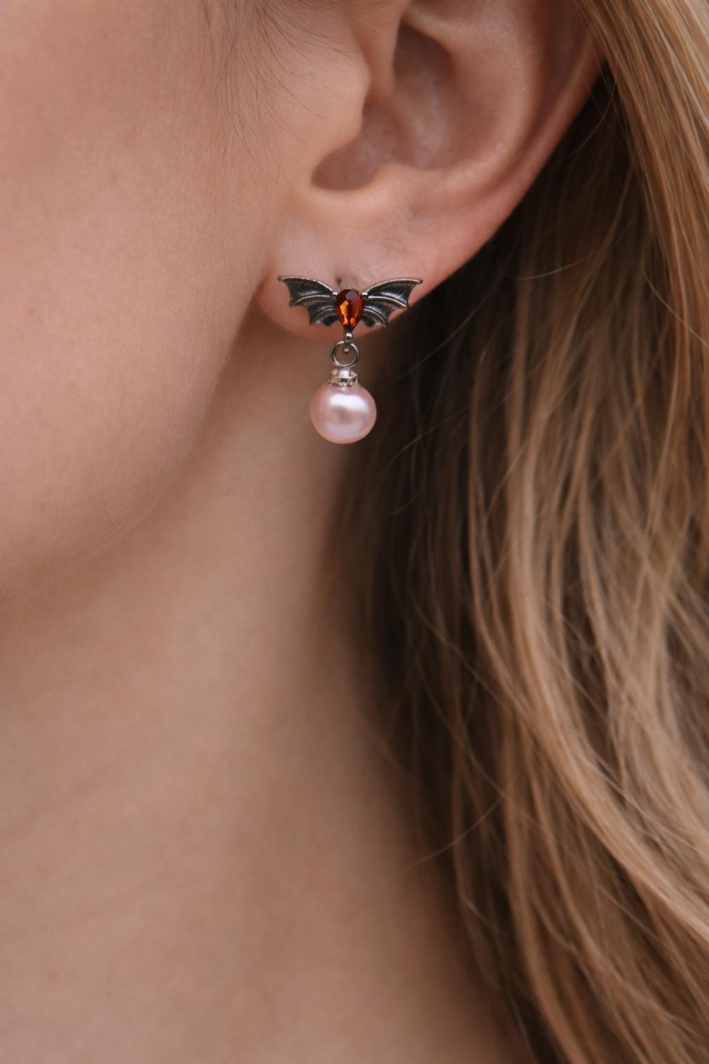 Midnight Bat Pearl Drop Ear Studs
