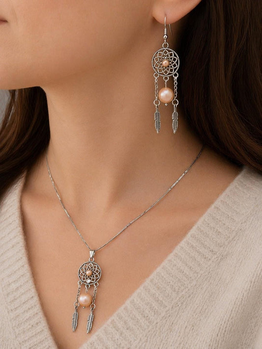 Dreamcatcher Pearl Pendant and Earring Set