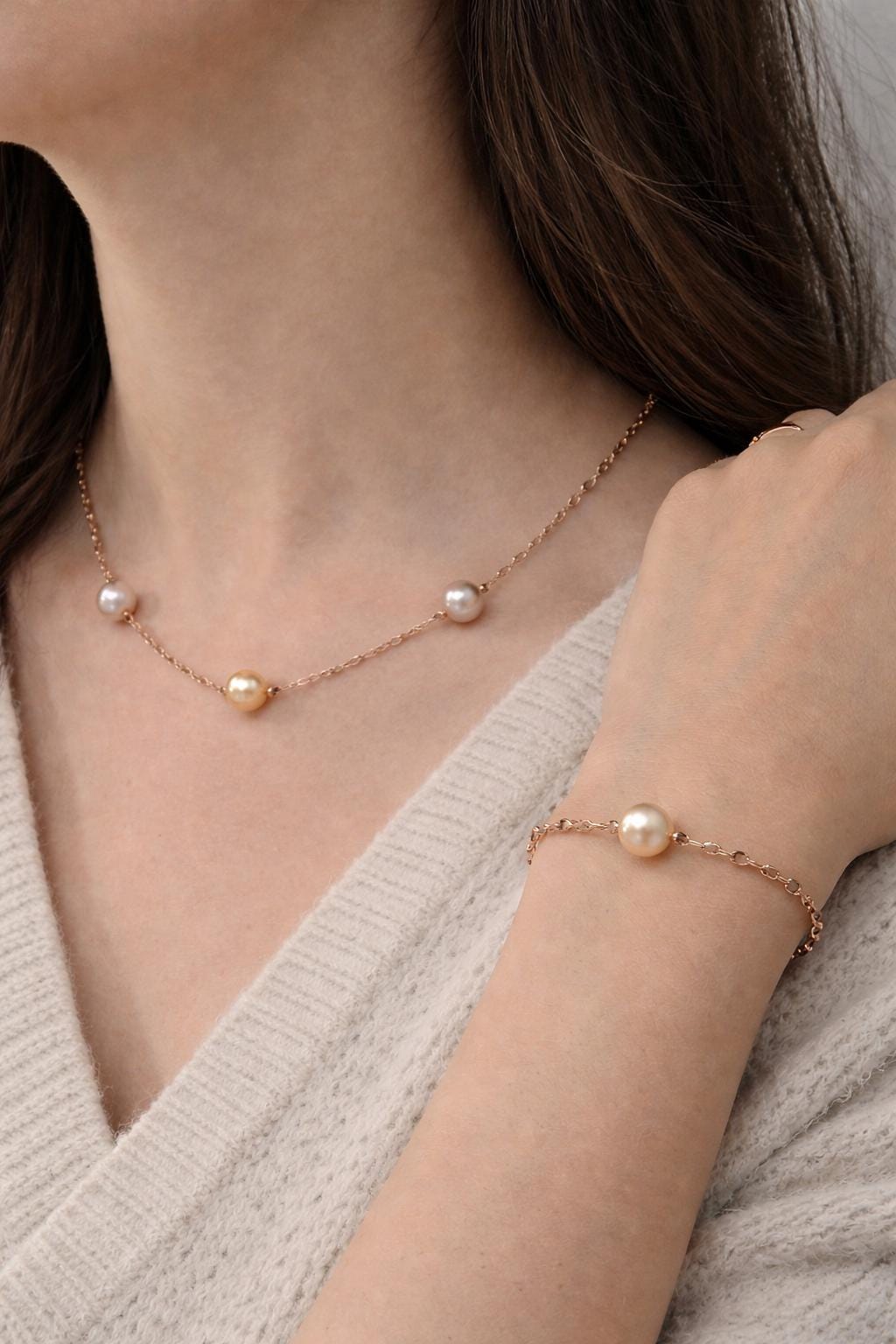 Starry Night Triple Edison Pearl Necklace with Bracelet Set