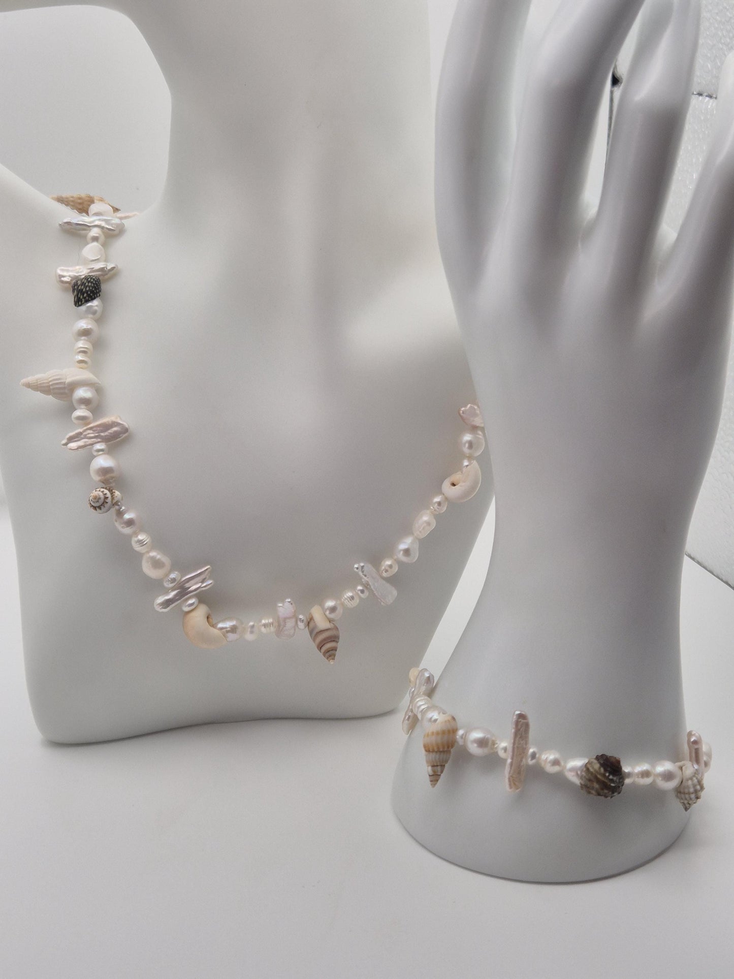 Summer Beach Pearl and Seashell Necklace and Bracelet Set