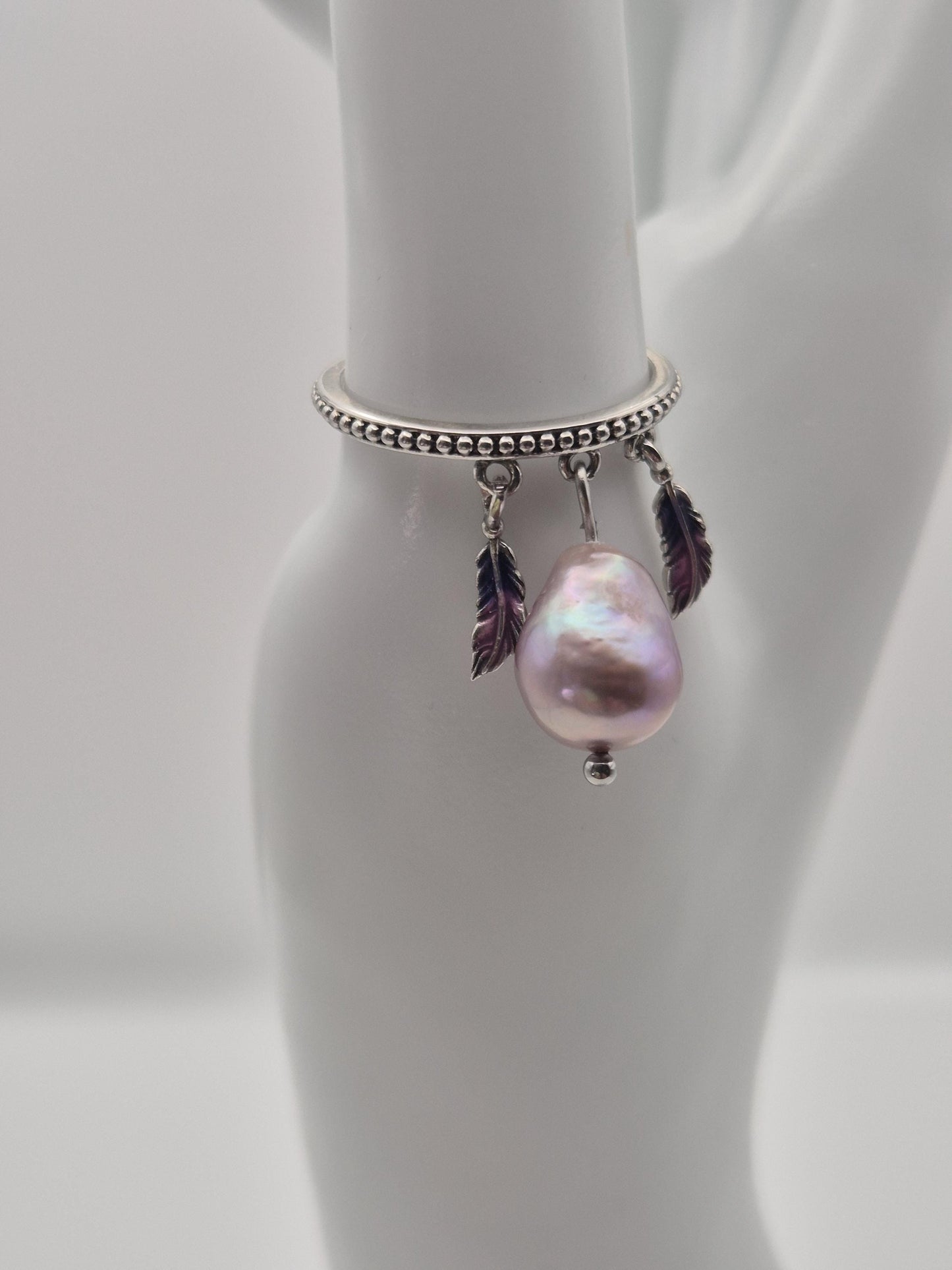 Tribal Feather Pearl Drop Ring