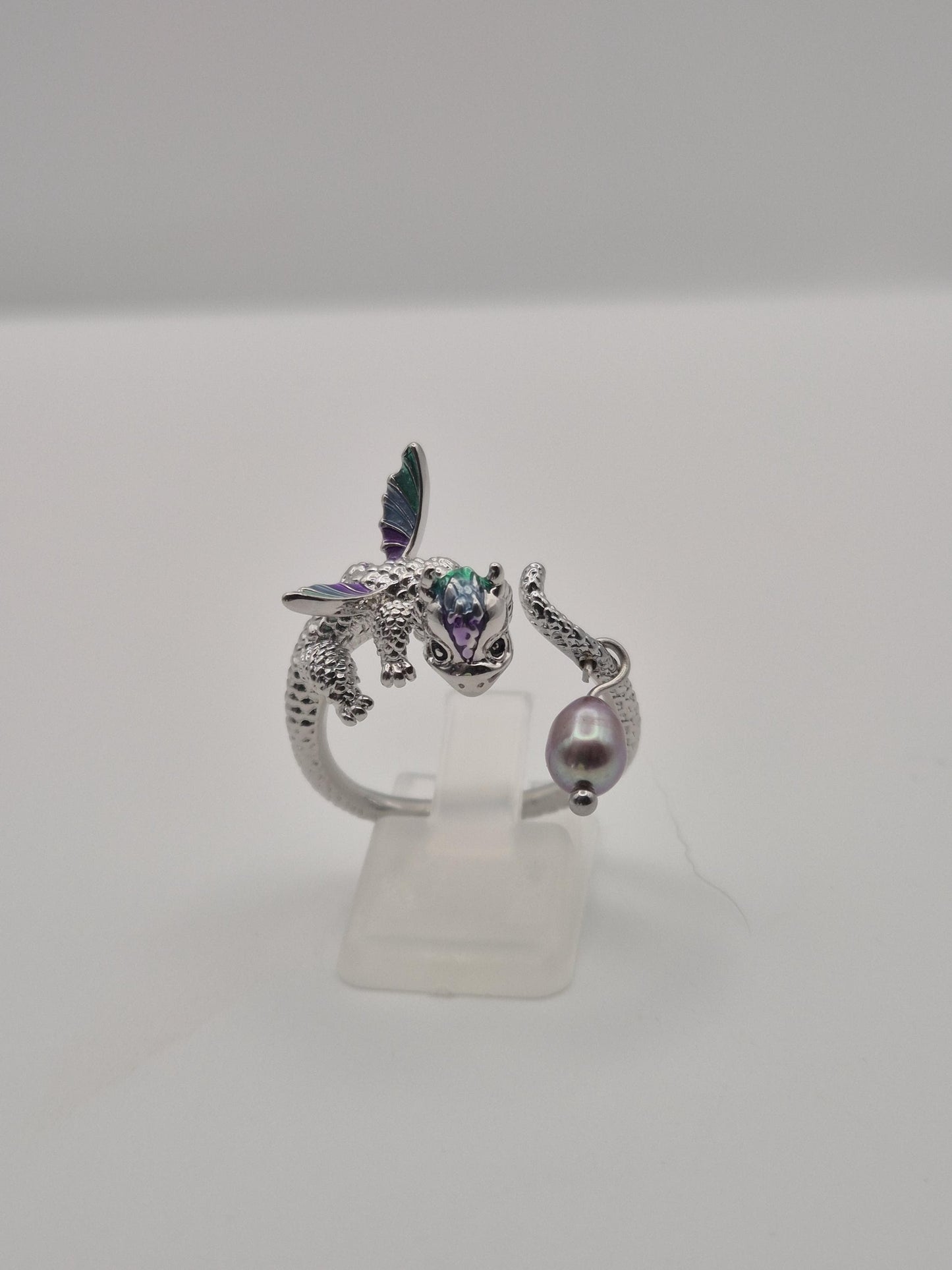 Sterling Silver Dragon Ring with Natural Pearl  Adjustable, Green Purple Markings