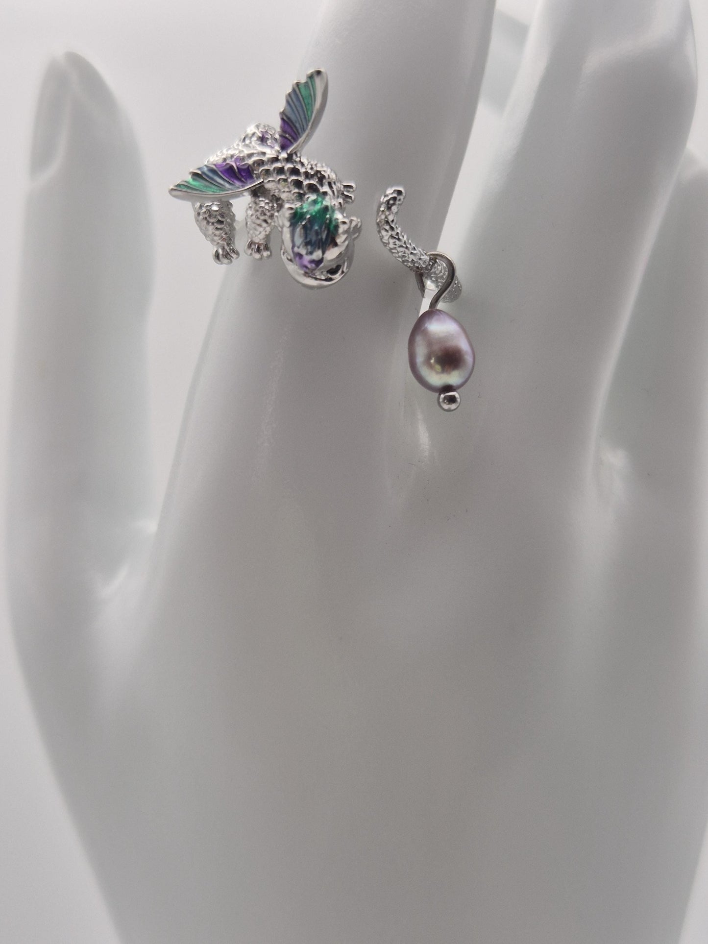 Sterling Silver Dragon Ring with Natural Pearl  Adjustable, Green Purple Markings