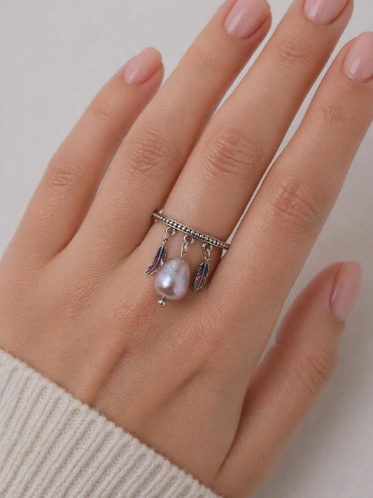 Tribal Feather Pearl Drop Ring