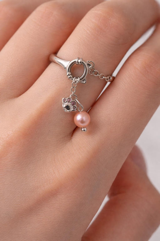 Kitty Chain Mini Pearl Ring with Paw Charm
