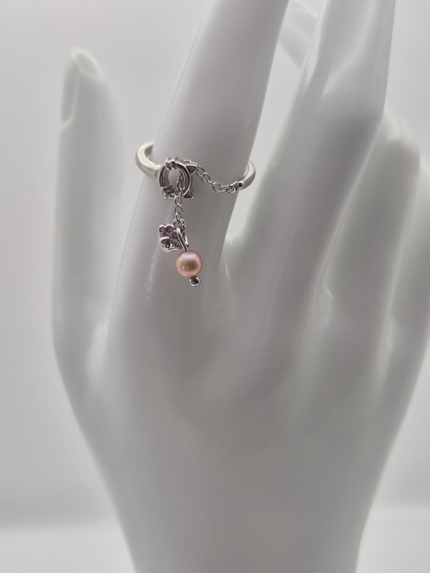 Kitty Chain Mini Pearl Ring with Paw Charm