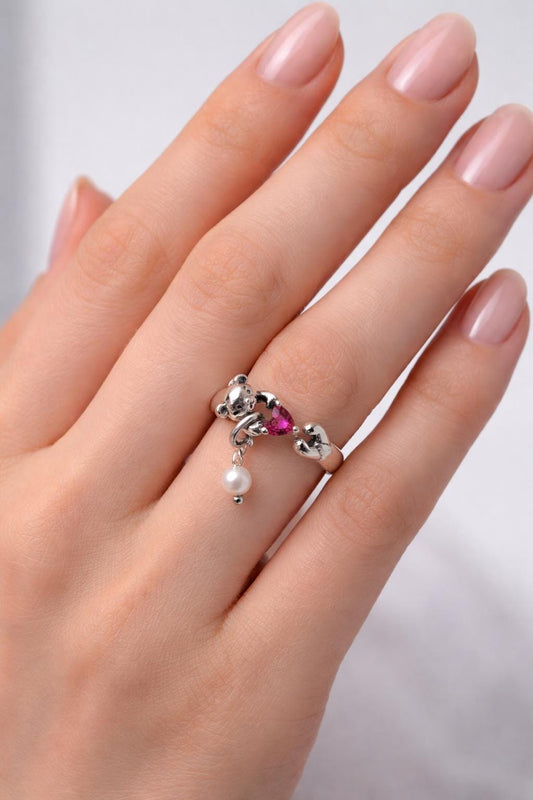 Hugging Bear Heart Mini Pearl Ring